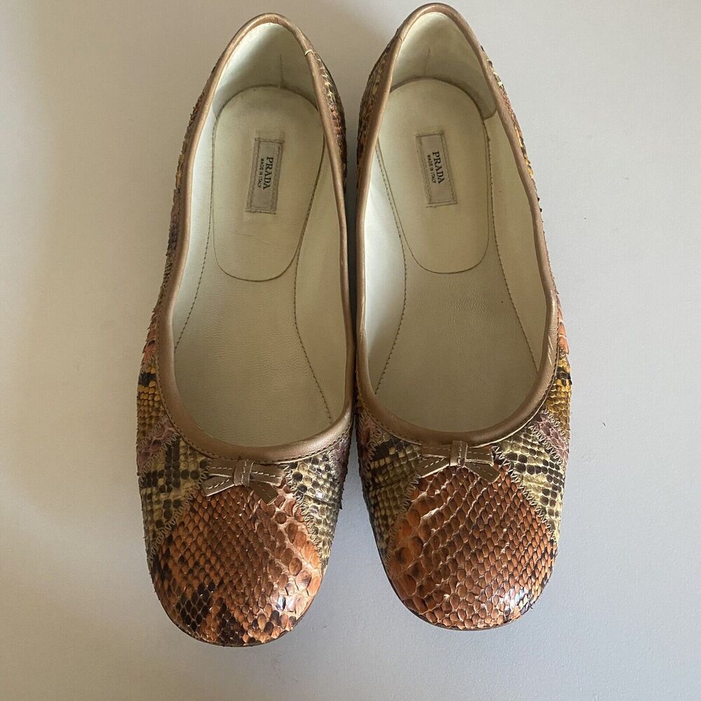 Prada Ballet Flat Leather Snake Python Patchwork Bow Brown Beige Orange 35.5 - Picture 5 of 12